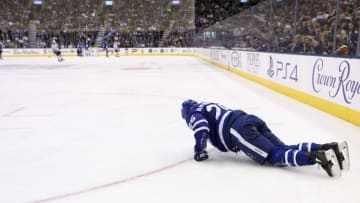 Toronto, ON - OCTOBER, 23 In third period action, Toronto Maple Leafs left wing James van Riemsdyk (25) is slow to get up and catch up to the play after getting his legs tangled in the Kings end.The Toronto Maple Leafs beat the Los Angeles Kings 3-2 at the Air Canada Centre in Toronto.October, 23 2017 (Richard Lautens/Toronto Star via Getty Images)