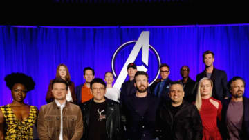 LOS ANGELES, CA - APRIL 07: (EDITORS NOTE: Retransmission with alternate crop.) (front L-R) Danai Gurira, Jeremy Renner, Director Anthony Russo, Chris Evans, Director Joe Russo, Brie Larson and Mark Ruffalo, (back L-R) Karen Gillan, Paul Rudd, Scarlett Johansson, President of Marvel Studios/Producer Kevin Feige, Robert Downey Jr., Don Cheadle and Chris Hemsworth onstage during Marvel Studios' "Avengers: Endgame" Global Junket Press Conference at the InterContinental Los Angeles Downtown on April 7, 2019 in Los Angeles, California. (Photo by Alberto E. Rodriguez/Getty Images for Disney)