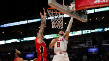 Jan 8, 2020; New Orleans, Louisiana, USA; Chicago Bulls guard Zach LaVine (8) shoots over New Orleans Pelicans guard Lonzo Ball (2) during the second quarter at the Smoothie King Center. Mandatory Credit: Derick E. Hingle-USA TODAY Sports