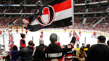 OTTAWA, ON - MARCH 10: A fan waves a flag bearing the heritage logo of the Ottawa Senators during warmups prior to an NHL game against the Boston Bruins at Canadian Tire Centre on March 10, 2015 in Ottawa, Ontario, Canada. (Photo by Jana Chytilova/Freestyle Photography/Getty Images)