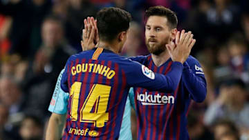 BARCELONA, SPAIN - MAY 20: (L-R) Philippe Coutinho of FC Barcelona, Lionel Messi of FC Barcelona during the La Liga Santander match between FC Barcelona v Real Sociedad at the Camp Nou on May 20, 2018 in Barcelona Spain (Photo by Jeroen Meuwsen/Soccrates/Getty Images)