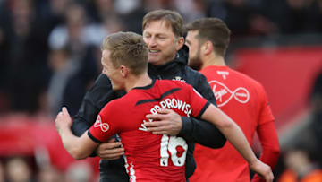 SOUTHAMPTON, ENGLAND - MARCH 09: Ralph Hasenhuettl, Manager of Southampton celebrates victory with James Ward-Prowse of Southampton after the Premier League match between Southampton FC and Tottenham Hotspur at St Mary's Stadium on March 09, 2019 in Southampton, United Kingdom. (Photo by Christopher Lee/Getty Images)