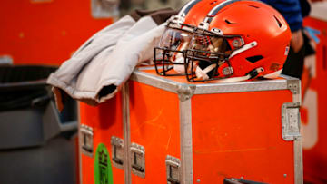 Football helmets from the Cleveland Browns (Photo by David Eulitt/Getty Images)