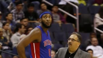 Oct 12, 2014; Washington, DC, USA; Detroit Pistons head coach Stan Van Gundy (R) talks to Pistons center Andre Drummond (0) against the Washington Wizards at Verizon Center. Mandatory Credit: Geoff Burke-USA TODAY Sports