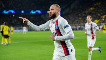 DORTMUND, GERMANY - FEBRUARY 18: Neymar of Paris Saint-Germain celebrates after scoring his team's first goal during the UEFA Champions League round of 16 first leg match between Borussia Dortmund and Paris Saint-Germain at Signal Iduna Park on February 18, 2020 in Dortmund, Germany. (Photo by Boris Streubel/Getty Images)