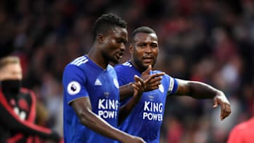 MANCHESTER, ENGLAND - AUGUST 10: Daniel Amartey of Leicester City and Wes Morgan of Leicester City looks on during the Premier League match between Manchester United and Leicester City at Old Trafford on August 10, 2018 in Manchester, United Kingdom. (Photo by Michael Regan/Getty Images)