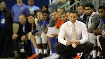 Feb 9, 2016; Gainesville, FL, USA; Florida Gators head coach Mike White looks on during the first half against the Mississippi Rebels at Stephen C. O