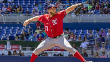 Washington Nationals pitcher Stephen Strasburg (37) pitches the ball during the first inning against the Miami Marlins on Sunday, April 21, 2019 at Marlins Park in Miami, Fla. The Nationals beat the Marlins 5-0. (Daniel A. Varela/Miami Herald/Tribune News Service via Getty Images)
