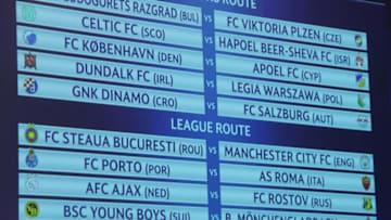 NYON, SWITZERLAND - AUGUST 05: A screen shows the result of the draw after the UEFA Champions League 2016 play-off matches, at the UEFA Headquarters in Nyon, Switzerland on August 05, 2016. (Photo by Fatih Erel/Anadolu Agency/Getty Images)