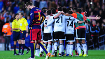 Valencia C.F celebrating the victory during F.C.Barcelona vs Valencia CF BBVA Spanish League match, April 17, 2016 in Barcelona, Spain. (Photo by Joan Cros/NurPhoto via Getty Images)