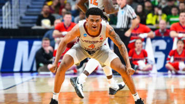 SAN JOSE, CA - MARCH 24: Virginia Tech guard Nickeil Alexander-Walker (4) gets in a defense stance and yells during the game between the Virginia Tech Hokies and the Liberty Flames in their NCAA Division I Men's Basketball Championship second round game on March 24, 2019, at SAP Center at San Jose in San Jose, CA. (Photo by Brian Rothmuller/Icon Sportswire via Getty Images)