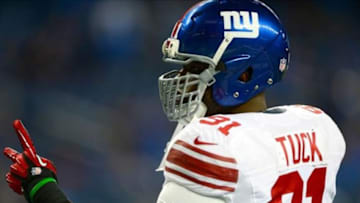 Dec 22, 2013; Detroit, MI, USA; New York Giants defensive end Justin Tuck (91) against the Detroit Lions at Ford Field. Mandatory Credit: Andrew Weber-USA TODAY Sports