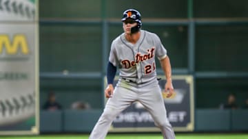 HOUSTON, TX - JULY 14: Detroit Tigers center fielder JaCoby Jones (21) watches the pitch during the baseball game between the Detroit Tigers and Houston Astros on July 14, 2018 at Minute Maid Park in Houston, Texas. (Photo by Leslie Plaza Johnson/Icon Sportswire via Getty Images)