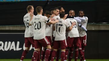 MOLDE, NORWAY - NOVEMBER 26: Arsenal celebrate their goal during the UEFA Europa League Group B stage match between Molde FK and Arsenal FC at Molde Stadion on November 26, 2020 in Molde, Norway. (Photo by Erik Birkeland/MB Media/Getty Images)