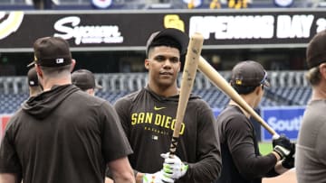 SAN DIEGO, CA - MARCH 30: Juan Soto #22 of the San Diego Padres takes batting practice on opening day of the 2023 Major League Baseball season March 30, 2023 at Petco Park in San Diego, California. The San Diego Padres face the Colorado Rockies. (Photo by Denis Poroy/Getty Images)