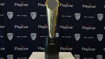 Jul 21, 2023; Las Vegas, NV, USA; The College Football Playoff (CFP) national championship at Pac-12 Media Day at Resorts World Las Vegas. tMandatory Credit: Kirby Lee-USA TODAY Sports