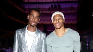OKC Thunder guard Shai Gilgeous-Alexander (L) and former OKC guard Russell Westbrook attend Tom Ford during NYFW. (Photo by Dimitrios Kambouris/Getty Images)