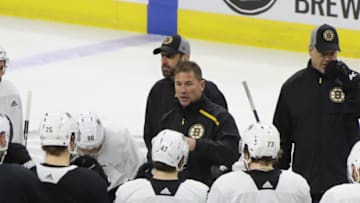 RALEIGH, NORTH CAROLINA - MAY 14: Head coach Bruce Cassidy of the Boston Bruins handles the morning skate prior to Game Three of the Eastern Conference Final during the 2019 NHL Stanley Cup Playoffs at the PNC Bank Arena on May 14, 2019 in Raleigh, North Carolina. (Photo by Bruce Bennett/Getty Images)