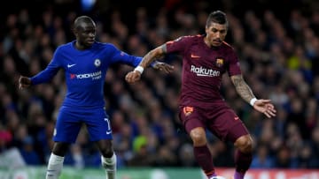 LONDON, ENGLAND - FEBRUARY 20: Paulinho of Barcelona is challenged by N'Golo Kante of Chelsea during the UEFA Champions League Round of 16 First Leg match between Chelsea FC and FC Barcelona at Stamford Bridge on February 20, 2018 in London, United Kingdom. (Photo by Shaun Botterill/Getty Images,)