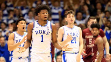 DURHAM, NORTH CAROLINA - Jordan Goldwire, Vernon Carey Jr., and Matthew Hurt of the Duke basketball team react after a play against the Florida State Seminoles during their game at Cameron Indoor Stadium on February 10, 2020, in Durham, North Carolina. The Blue Devils won, 70-65. (Photo by Streeter Lecka/Getty Images)