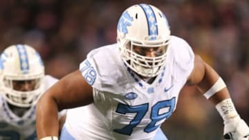 Oct 29, 2015; Pittsburgh, PA, USA; North Carolina Tar Heels guard Landon Turner (78) blocks at the line of scrimmage against the Pittsburgh Panthers during the second quarter at Heinz Field. Mandatory Credit: Charles LeClaire-USA TODAY Sports