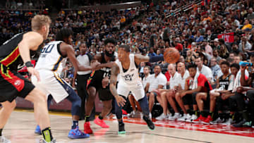 SALT LAKE CITY, UT - JULY 5: Jairus Lyles #18 of the Utah Jazz handles the ball against the Atlanta Hawks on July 5, 2018 at Vivint Smart Home Arena in Salt Lake City, Utah. Copyright 2018 NBAE (Photo by Joe Murphy/NBAE via Getty Images)