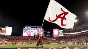 TAMPA, FL - JANUARY 09: Alabama Crimson Tide mascot Big Al waves a flag in the end zone during the first half of the 2017 College Football Playoff National Championship Game between the Alabama Crimson Tide and the Clemson Tigers at Raymond James Stadium on January 9, 2017 in Tampa, Florida. (Photo by Ronald Martinez/Getty Images)