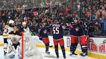 COLUMBUS, OH - OCTOBER 30: The Columbus Blue Jackets celebrate a first period goal during a game against the Boston Bruins on October 30, 2017 at Nationwide Arena in Columbus, Ohio. (Photo by Jamie Sabau/NHLI via Getty Images)