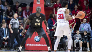 FORT WORTH, TX - FEBRUARY 10: UCF Knights center Tacko Fall (#24) plays defense during the American Athletic Conference college basketball game between the UCF Knights and SMU Mustangs on February 10, 2019 at Moody Coliseum in Dallas, Texas. (Photo by Matthew Visinsky/Icon Sportswire via Getty Images)