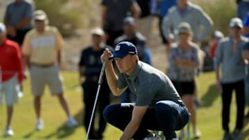 LAS VEGAS, NV - NOVEMBER 01: Jordan Spieth lines up a putt on the 6th hole green during the first round of the Shriners Hospitals for Children Open at TPC Summerlin on November 1, 2018 in Las Vegas, Nevada. (Photo by Mike Ehrmann/Getty Images)