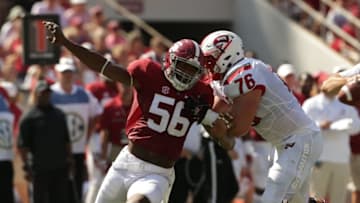 Sep 10, 2016; Tuscaloosa, AL, USA; Western Kentucky Hilltoppers offensive lineman Forrest Lamp (76) blocks Alabama Crimson Tide linebacker Tim Williams (56) at Bryant-Denny Stadium. Mandatory Credit: Marvin Gentry-USA TODAY Sports