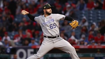 ANAHEIM, CALIFORNIA - MAY 18: Pitcher Jakob Junis #65 of the Kansas City Royals pitches in the first inning of the MLB game against the Los Angeles Angels of Anaheim at Angel Stadium of Anaheim on May 18, 2019 in Anaheim, California. (Photo by Victor Decolongon/Getty Images)