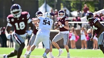 Oct 7, 2023; Starkville, Mississippi, USA; Mississippi State Bulldogs quarterback Will Rogers (2) looks to pass against the Western Michigan Broncos during the third quarter at Davis Wade Stadium at Scott Field. Mandatory Credit: Matt Bush-USA TODAY Sports