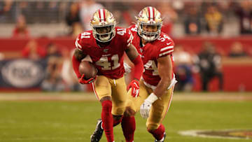 SANTA CLARA, CALIFORNIA - JANUARY 19: Emmanuel Moseley #41 of the San Francisco 49ers returns an interception in the first half against the Green Bay Packers during the NFC Championship game at Levi's Stadium on January 19, 2020 in Santa Clara, California. (Photo by Thearon W. Henderson/Getty Images)