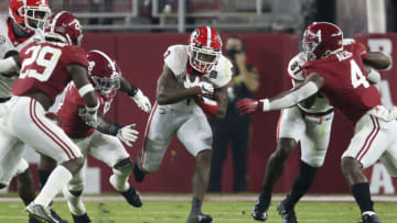 Oct 17, 2020; Tuscaloosa, Alabama, USA; Georgia running back Zamir White (3) runs for a first down against Alabama during the first quarter at Bryant-Denny Stadium. Mandatory Credit: Gary Cosby Jr/The Tuscaloosa News via USA TODAY Sports