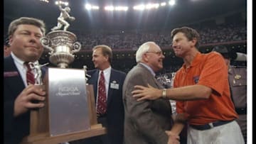 2 Jan 1997: Florida Gators head coach Steve Spurrier celebrates after the Nokia Sugar Bowl against the Floirda State Seminoles at the Superdome in New Orleans, Louisiana. Florida won the game, 52-20. Mandatory Credit: Doug Pensinger /Allsport