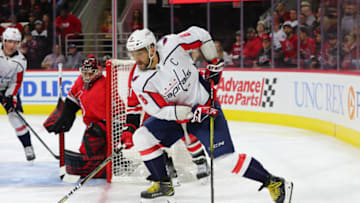 RALEIGH, NC - DECEMBER 28: Washington Capitals left wing Alex Ovechkin (8) with the puckduring the 1st half of the Carolina Hurricanes game versus the Washington Capitals on December 28th, 2019 at PNC Arena in Raleigh, NC (Photo by Jaylynn Nash/Icon Sportswire via Getty Images)