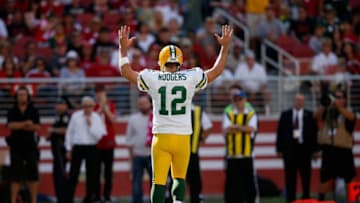 SANTA CLARA, CA - OCTOBER 04: Aaron Rodgers #12 of the Green Bay Packers celebrates a touchdown against the San Francisco 49ers at Levi's Stadium on October 4, 2015 in Santa Clara, California. (Photo by Ezra Shaw/Getty Images)