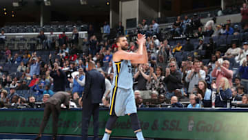 MEMPHIS, TN - APRIL 8: Marc Gasol #33 of the Memphis Grizzlies reacts to a play during the game against the Detroit Pistons on April 8, 2018 at FedExForum in Memphis, Tennessee. NOTE TO USER: User expressly acknowledges and agrees that, by downloading and/or using this photograph, user is consenting to the terms and conditions of the Getty Images License Agreement. Mandatory Copyright Notice: Copyright 2018 NBAE (Photo by Joe Murphy/NBAE via Getty Images)