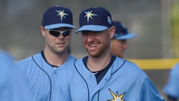 Feb 21, 2016; Port Charlotte, FL, USA; Tampa Bay Rays pitcher Jonny Venters (49) laughs at Charlotte Sports Park. Mandatory Credit: Jonathan Dyer-USA TODAY Sports