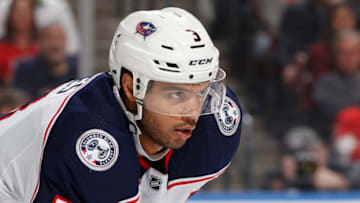 SUNRISE, FL - JANUARY 05: Seth Jones #3 of the Columbus Blue Jackets prepares for a face-off against the Florida Panthers at the BB&T Center on January 5, 2019 in Sunrise, Florida. Columbus defeated Florida 4-3 in overtime. (Photo by Joel Auerbach/Icon Sportswire via Getty Images)