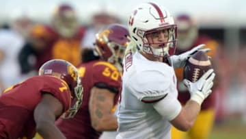 Sep 19, 2015; Los Angeles, CA, USA; Stanford Cardinal tight end Dalton Schultz (9) is defended by Southern California Trojans cornerback Marveil Tell III (7) at Los Angeles Memorial Coliseum. Mandatory Credit: Kirby Lee-USA TODAY Sports