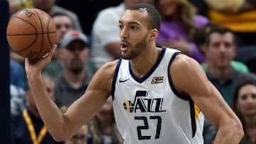 SALT LAKE CITY, UT - APRIL 10: Rudy Gobert #27 of the Utah Jazz looks to pass the ball in the first half of a game against the Golden State Warriors at Vivint Smart Home Arena on April 10, 2018 in Salt Lake City, Utah. (Photo by Gene Sweeney Jr./Getty Images)
