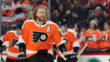 PHILADELPHIA, PA - MARCH 27: Jakub Voracek #93 of the Philadelphia Flyers looks on during warm-ups against the Toronto Maple Leafs on March 27, 2019 at the Wells Fargo Center in Philadelphia, Pennsylvania. (Photo by Len Redkoles/NHLI via Getty Images)