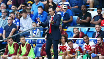 CARDIFF, WALES - SEPTEMBER 02: Unai Emery, Manager of Arsenal gives instructions during the Premier League match between Cardiff City and Arsenal FC at Cardiff City Stadium on September 2, 2018 in Cardiff, United Kingdom. (Photo by Clive Rose/Getty Images)