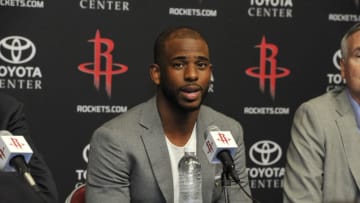 HOUSTON, TX - JULY 14: The Houston Rockets introduces Chris Paul as he speaks to the media during a press conference on July 14, 2017 at the Toyota Center in Houston, Texas. NOTE TO USER: User expressly acknowledges and agrees that, by downloading and/or using this photograph, user is consenting to the terms and conditions of the Getty Images License Agreement. Mandatory Copyright Notice: Copyright 2017 NBAE (Photo by Bill Baptist/NBAE via Getty Images)