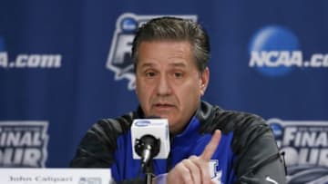 Apr 6, 2014; Arlington, TX, USA; Kentucky Wildcats head coach John Calipari speaks at a press conference during practice before the championship game of the Final Four in the 2014 NCAA Mens Division I Championship tournament at AT&T Stadium. Mandatory Credit: Kevin Jairaj-USA TODAY Sports