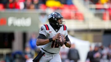 WASHINGTON, DC - FEBRUARY 15: Marquise Williams #12 of the New York Guardians looks to pass against the DC Defenders at Audi Field on February 15, 2020 in Washington, DC. (Photo by Shawn Hubbard/XFL via Getty Images)