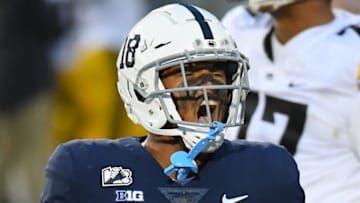 Nov 21, 2020; University Park, Pennsylvania, USA; Penn State Nittany Lions defensive end Shaka Toney (18) reacts to a defensive play against the Iowa Hawkeyes during the second quarter at Beaver Stadium. Mandatory Credit: Rich Barnes-USA TODAY Sports