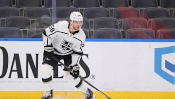 ST LOUIS, MO - JANUARY 23: Kale Clague #58 of the Los Angeles Kings skates against the St. Louis Blues at Enterprise Center on January 23, 2021 in St Louis, Missouri. (Photo by Dilip Vishwanat/Getty Images)